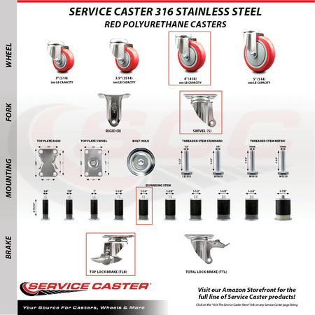 Service Caster 4 Inch 316SS Red Polyurethane Swivel 1-1/4 Inch Expanding Stem Caster Brake SCC-SS316EX20S414-PPUB-RED-TLB-114